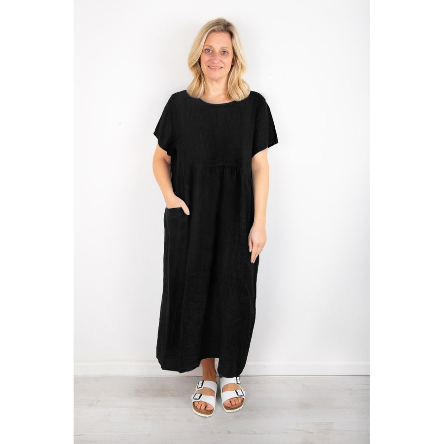 LEXIA LONG ROUND NECK LINEN DRESS | BLACK