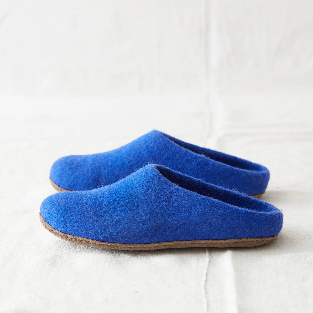 HANDMADE ECO FELT MULE SLIPPERS SUEDE SOLE MOROCCAN BLUE