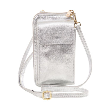 ITALIAN LEATHER MOBILE PHONE WALLET COMBO | METALLIC SILVER