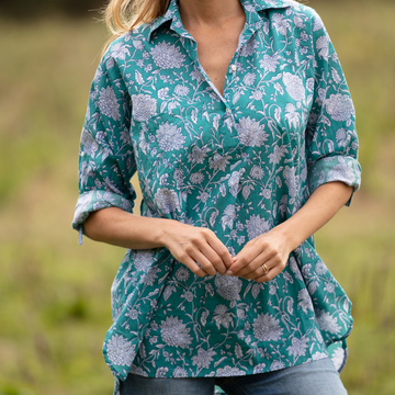 GRACIE SHIRT | TURQUOISE BLOCK PRINT