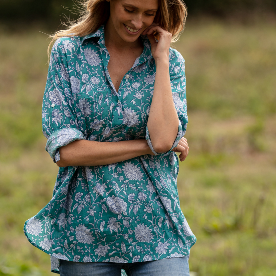 GRACIE SHIRT | TURQUOISE BLOCK PRINT