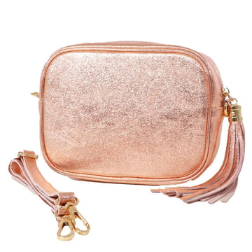ITALIAN LEATHER CAMERA BAG METALLIC ROSE GOLD Stuff Co