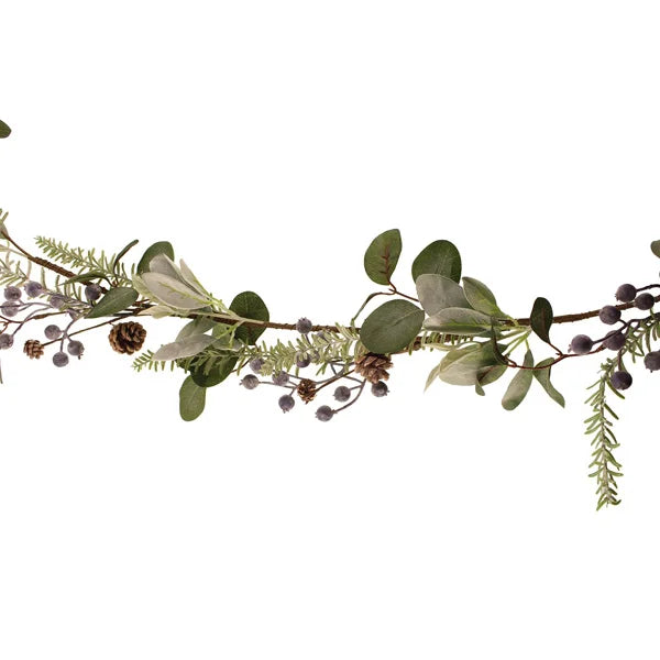 FAUX BLUEBERRY GARLAND WITH PINECONES, PINE & EUCALYPTUS