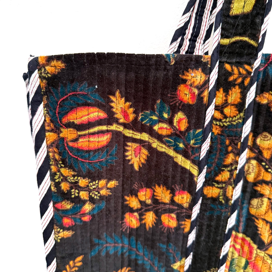 QUILTED VELVET SHOPPER TOTE | BLACK FLORAL