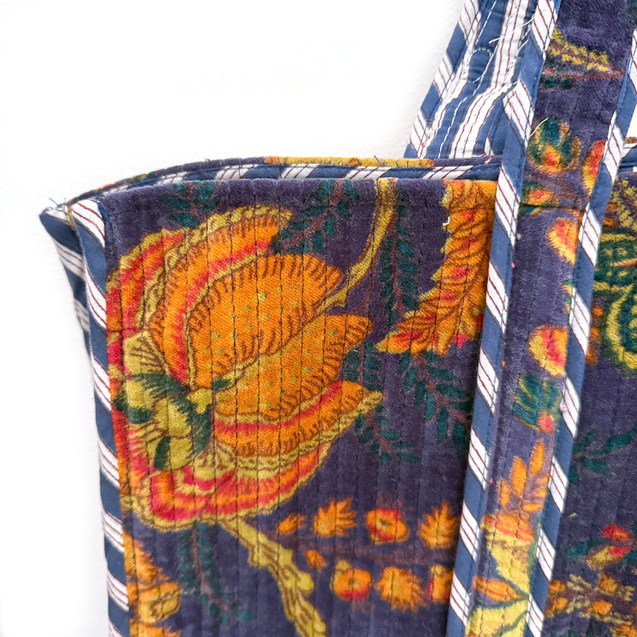 QUILTED VELVET SHOPPER TOTE | BLUE FLORAL