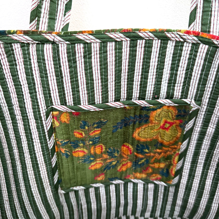 QUILTED VELVET SHOPPER TOTE | DARK GREEN FLORAL