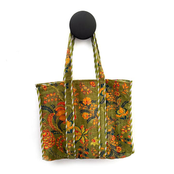 QUILTED VELVET SHOPPER TOTE | GREEN FLORAL