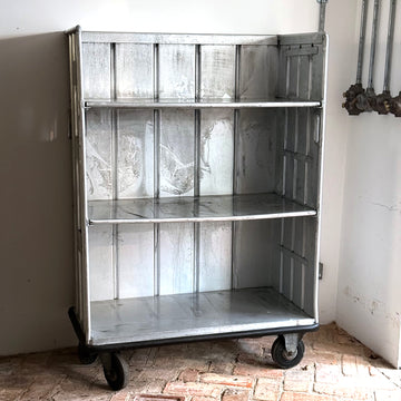 VINTAGE ALUMINIUM SHELVING UNIT ON WHEELS