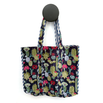 QUILTED VELVET SHOPPER TOTE | NAVY CACTUS