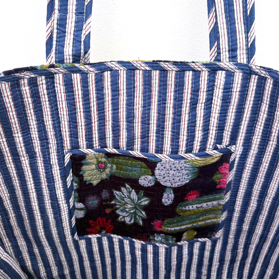 QUILTED VELVET SHOPPER TOTE | NAVY CACTUS