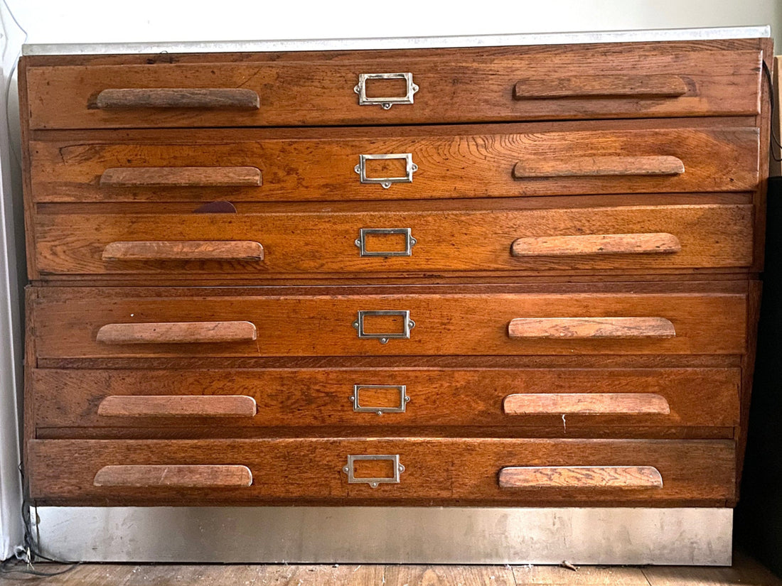 MID CENTURY PLANS CHEST OF DRAWERS WITH ZINC TOP