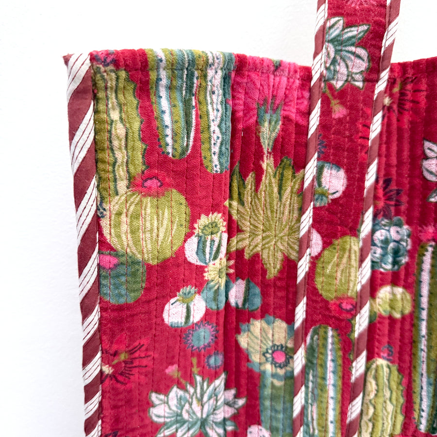 QUILTED VELVET SHOPPER TOTE | RED CACTUS