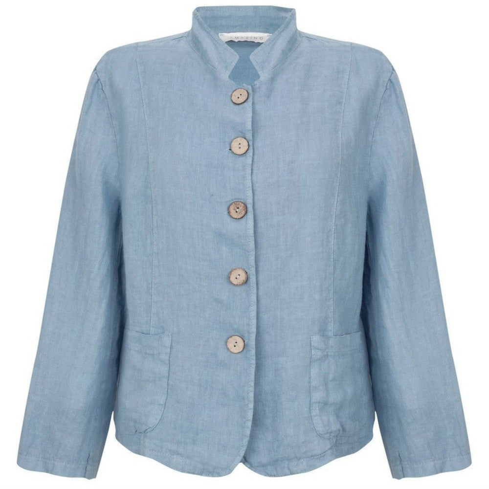 KATIA FRONT POCKET SHORT LINEN JACKET | DENIM BLUE M/L