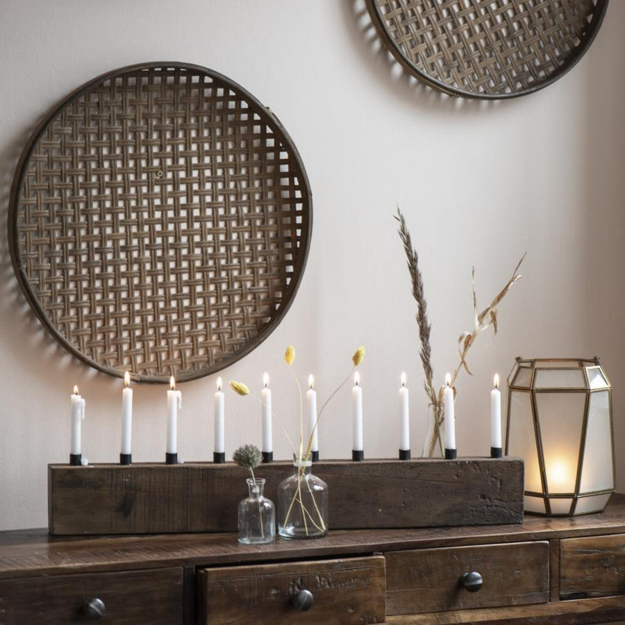 RECLAIMED INDIAN WOOD CANDLE HOLDER | HOLDS 10 TAPERS
