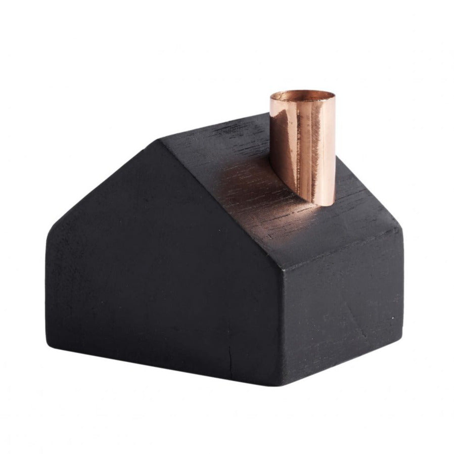 BLACK WOOD & COPPER HOUSE CANDLE HOLDER