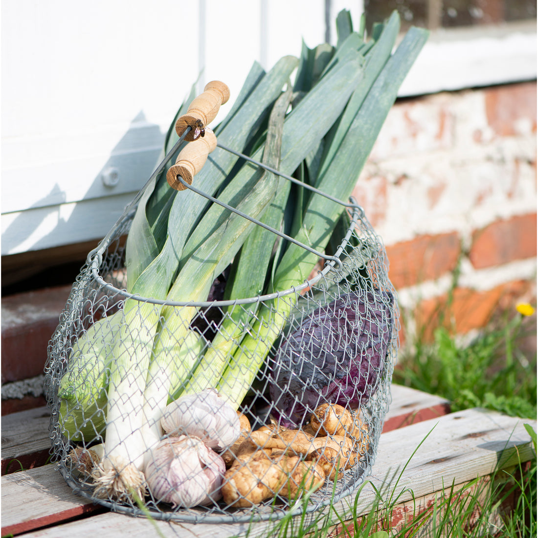 ZINC WIRE BASKET WITH WOODEN HANDLES