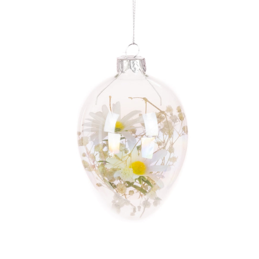 GLASS EGG WITH WHITE DAISY DECORATION