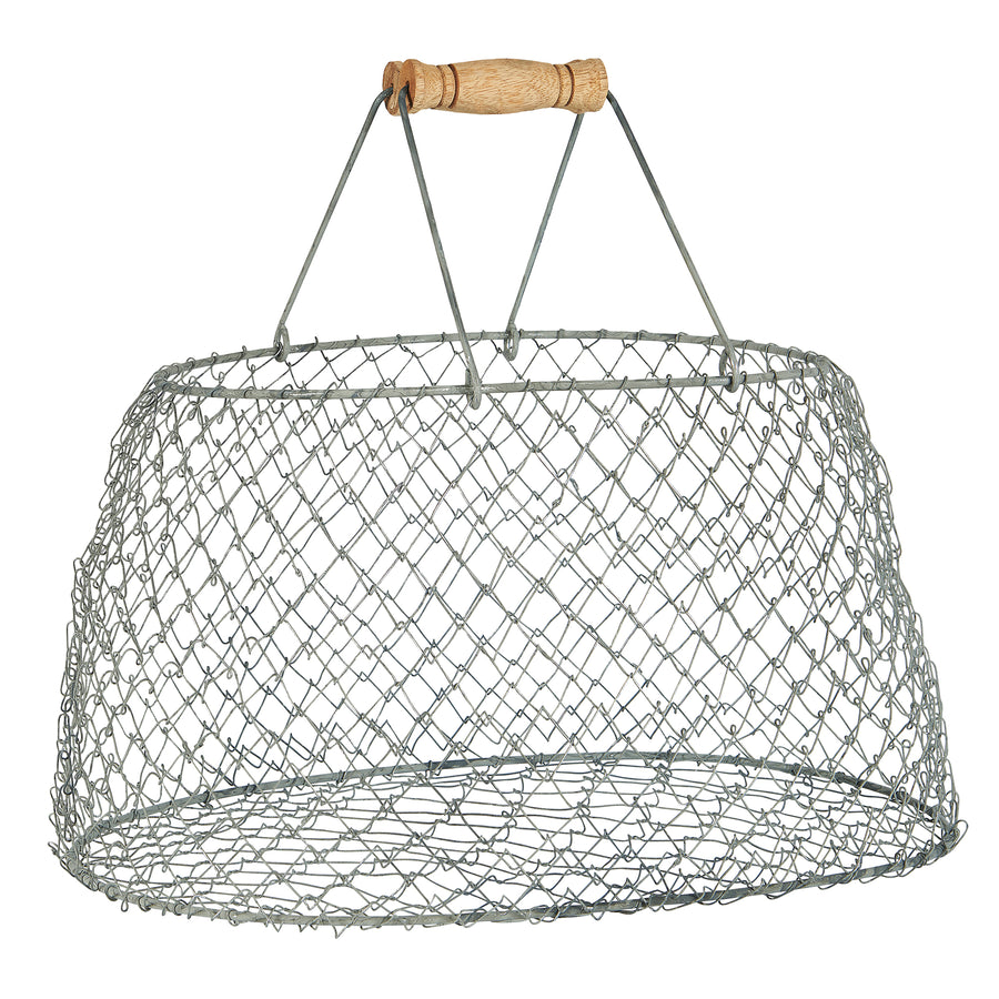 ZINC WIRE BASKET WITH WOODEN HANDLES