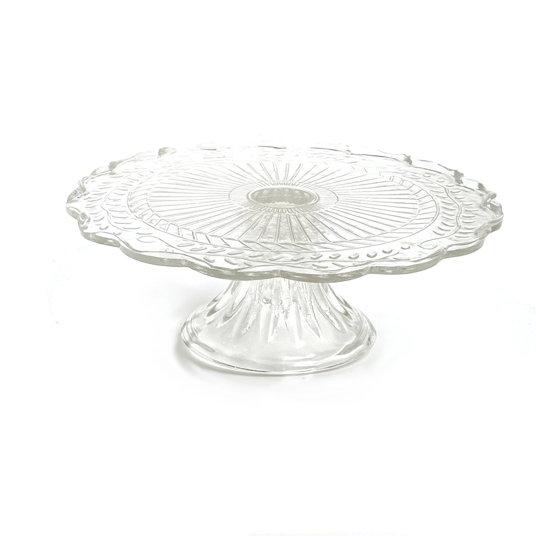 PRESSED GLASS GLASS CAKESTANDWITH SCALLOPED EDGE | 2 SIZES