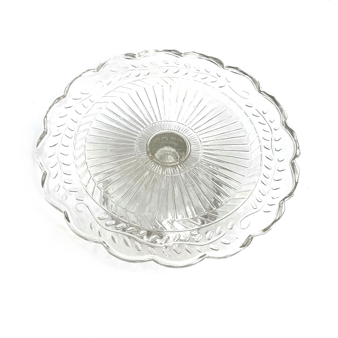 PRESSED GLASS GLASS CAKESTANDWITH SCALLOPED EDGE | 2 SIZES