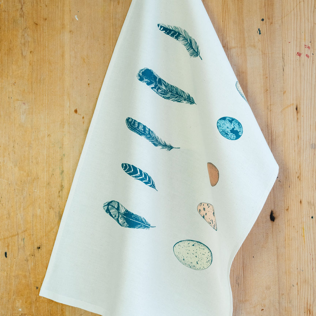 HAND SCREENPRINTED TEATOWEL | FEATHER & EGG