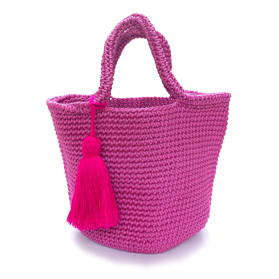 WOVEN CROCHETED SHOPPER BAG WITH TASSEL | PINK WITH FUCHSIA TASSEL