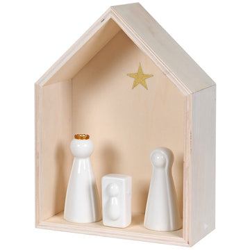 CERAMIC NATIVITY SET IN WOODEN HOUSE