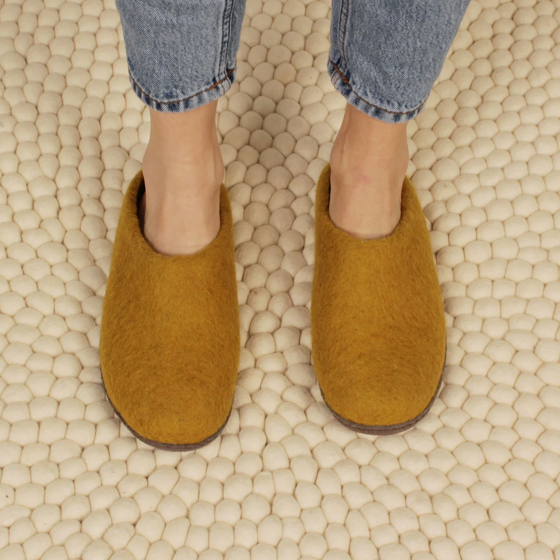 HANDMADE ECO FELT MULE SLIPPERS SUEDE SOLE | MUSTARD YELLOW