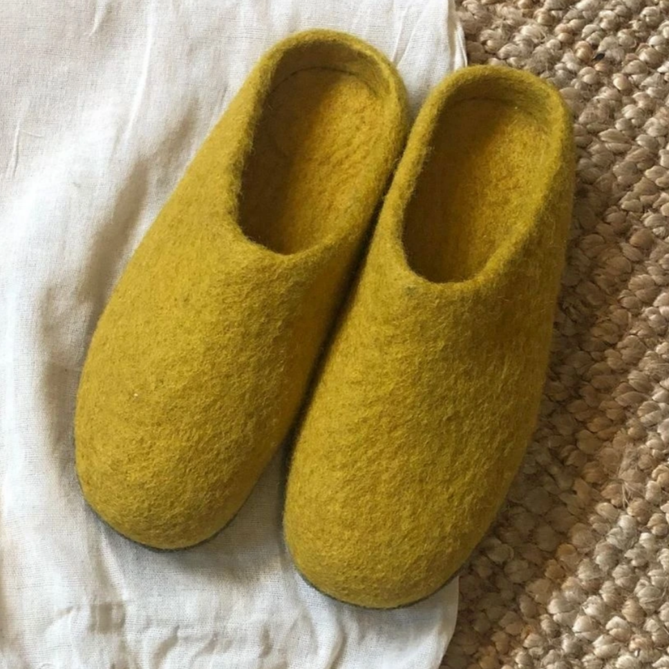 HANDMADE ECO FELT MULE SLIPPERS SUEDE SOLE | MUSTARD YELLOW