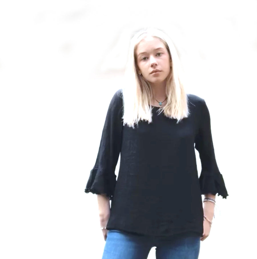 BAMBOO & COTTON FRILL SLEEVE EMILY TOP | GREY | S|M