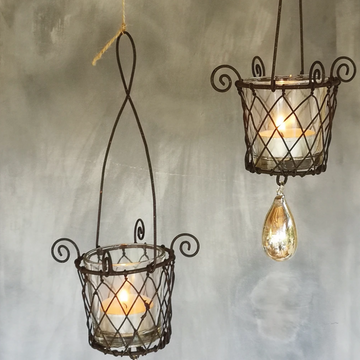 RUSTIC RUSTY WIRE HANGING VOTIVE WITH JEWEL