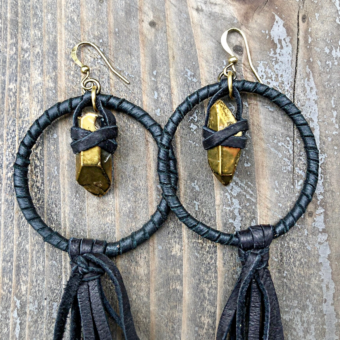 BLACK LEATHER HOOP & TASSEL WITH GOLD CRYSTAL EARRINGS