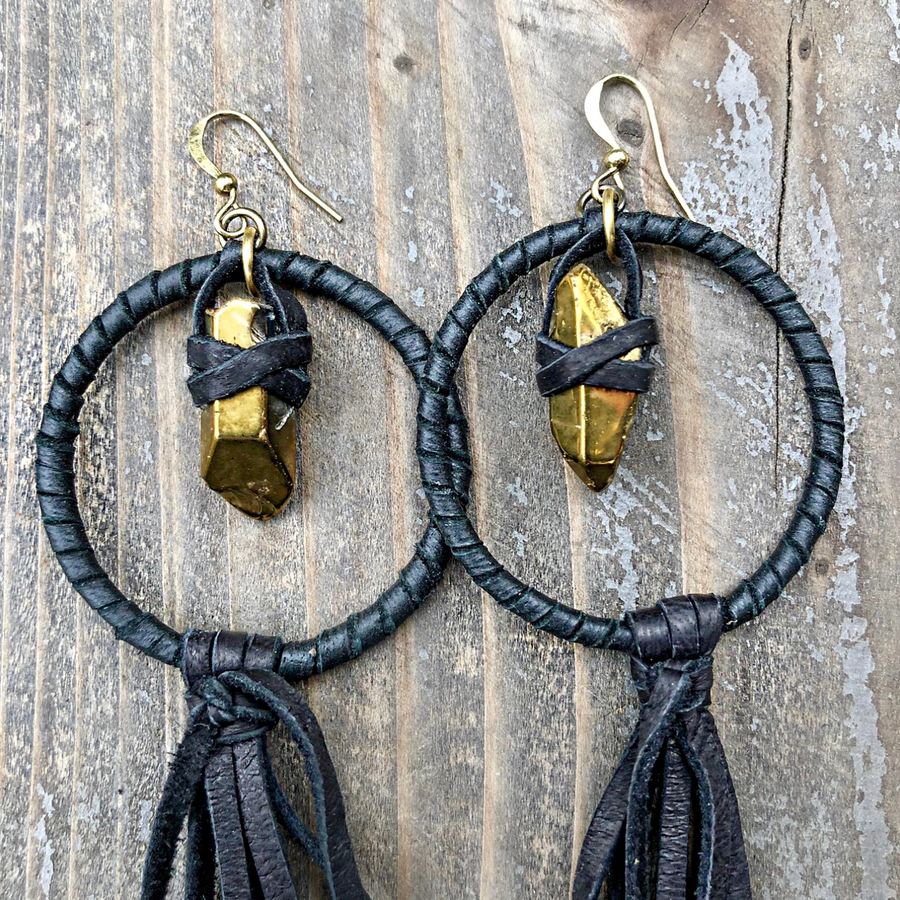 BLACK LEATHER HOOP & TASSEL WITH GOLD CRYSTAL EARRINGS