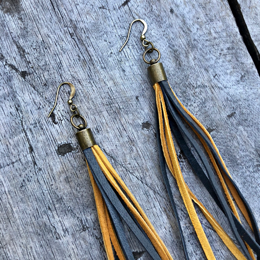 GOLD & CHARCOAL LEATHER TASSEL EARRINGS