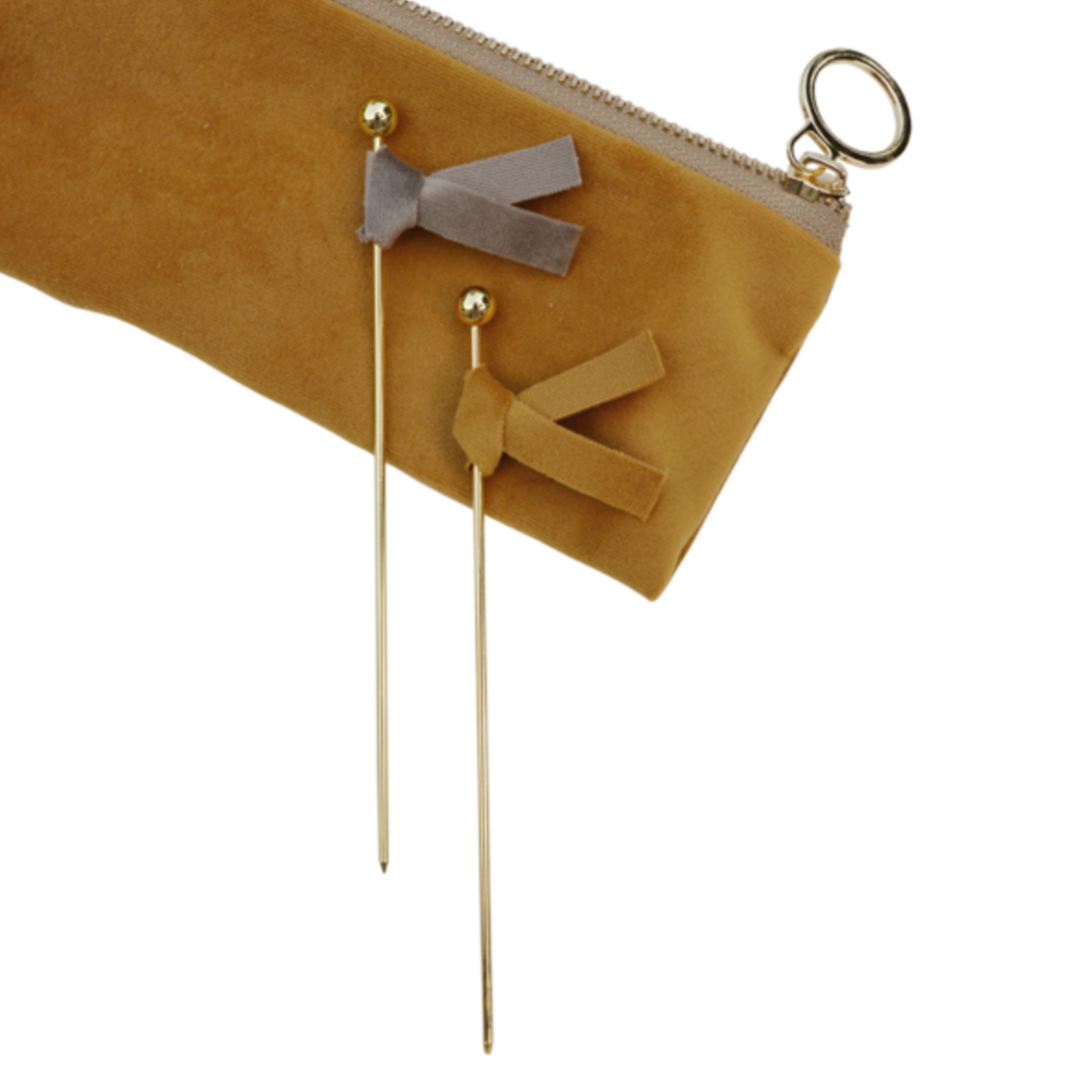 GOLD FOOD TOPPERS WITH OCHRE & GREY VELVET RIBBONS