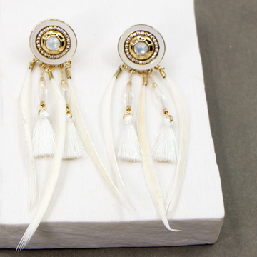 FEATHER, CRYSTAL & TASSELS BOHO STYLE CLIP-ON EARRINGS