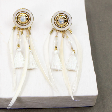 FEATHER, CRYSTAL & TASSELS BOHO STYLE EARRINGS