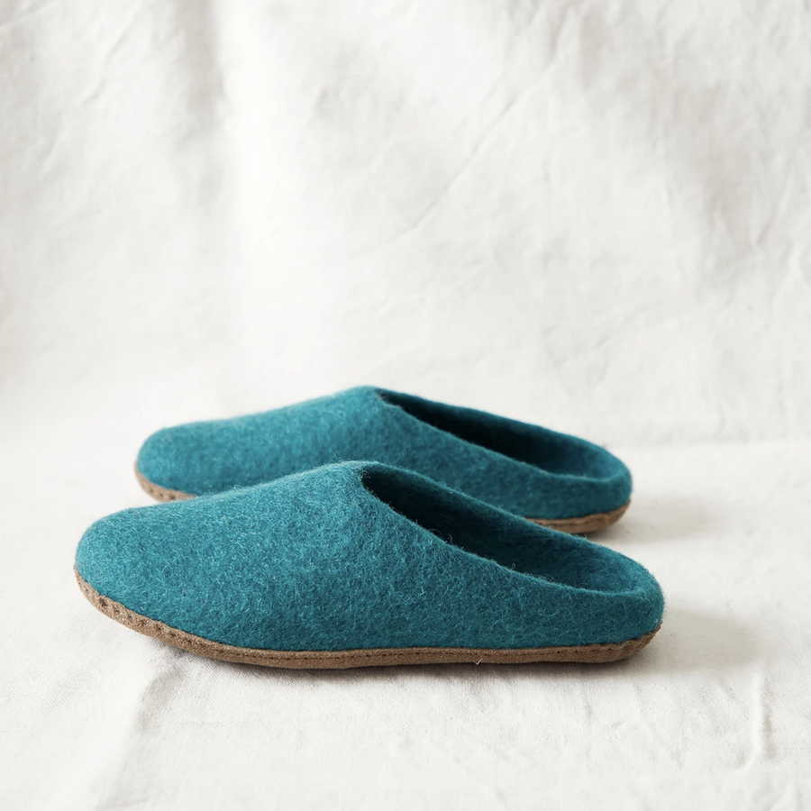 HANDMADE ECO FELT MULE SLIPPERS SUEDE SOLE | TEAL GREEN