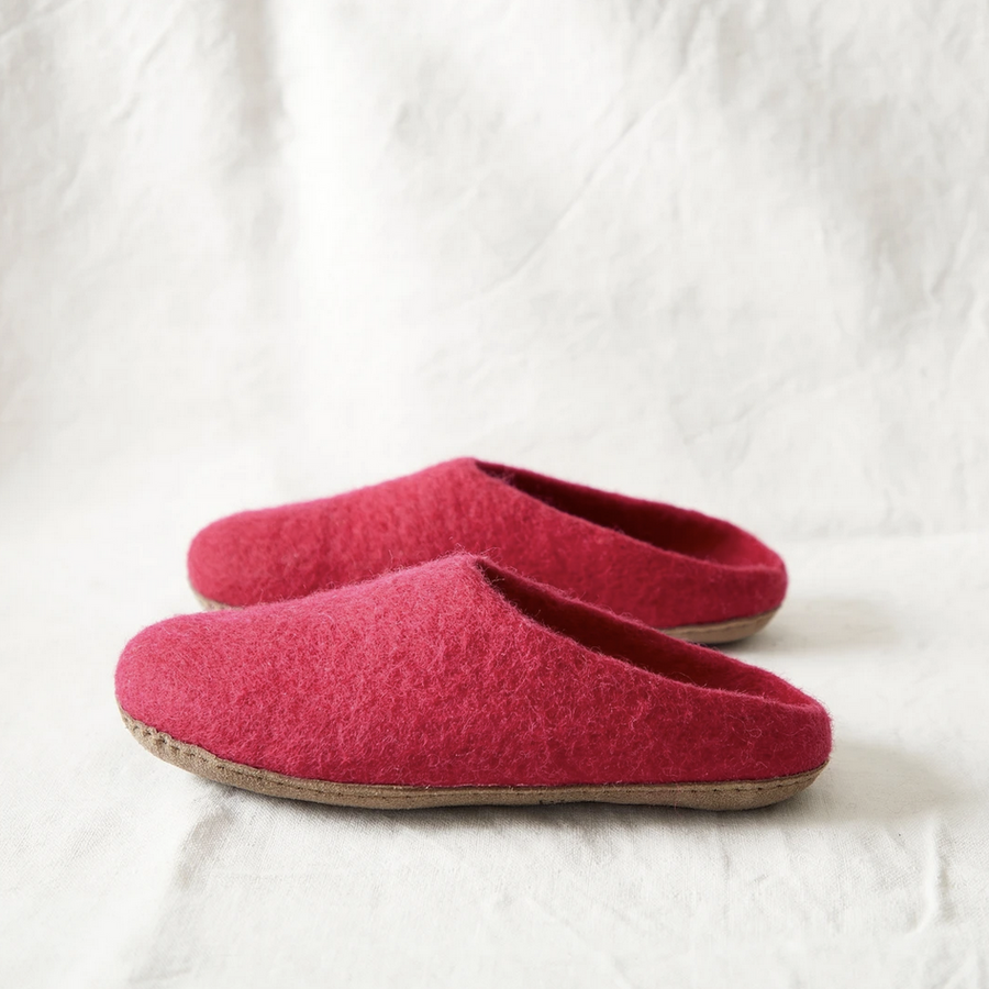 HANDMADE ECO FELT MULE SLIPPERS SUEDE SOLE | POMEGRANATE PINK