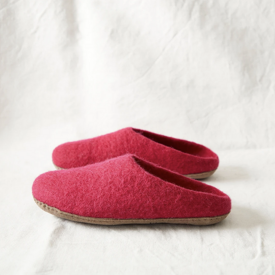 HANDMADE ECO FELT MULE SLIPPERS SUEDE SOLE POMEGRANATE PINK