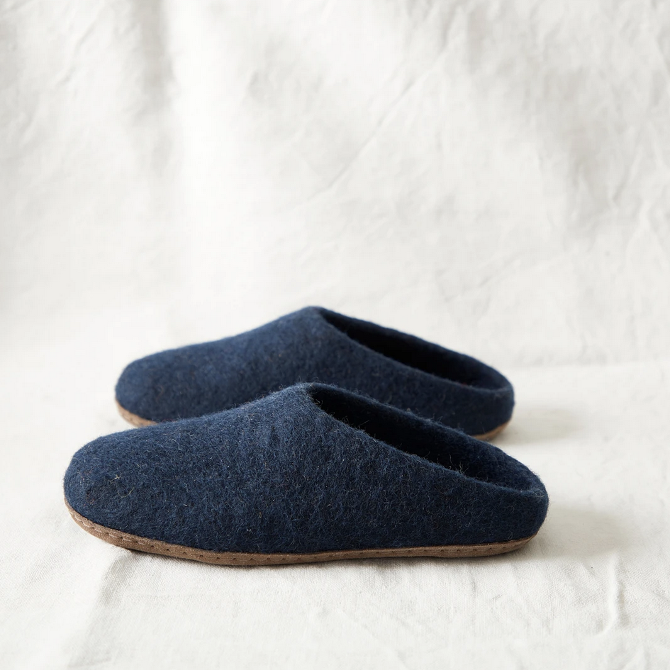 HANDMADE ECO FELT MULE SLIPPERS SUEDE SOLE | NAVY BLUE