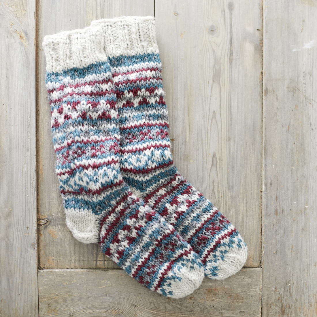 FAIR ISLE KNIT WOOL LINED SLIPPER SOCKS | RASPBERRY PINK