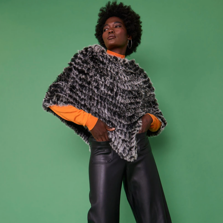 CONEY FUR PONCHO | BLACK WITH WHITE