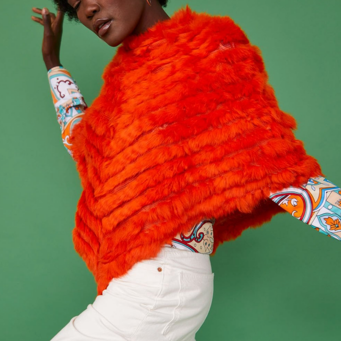 CONEY FUR PONCHO | ORANGE