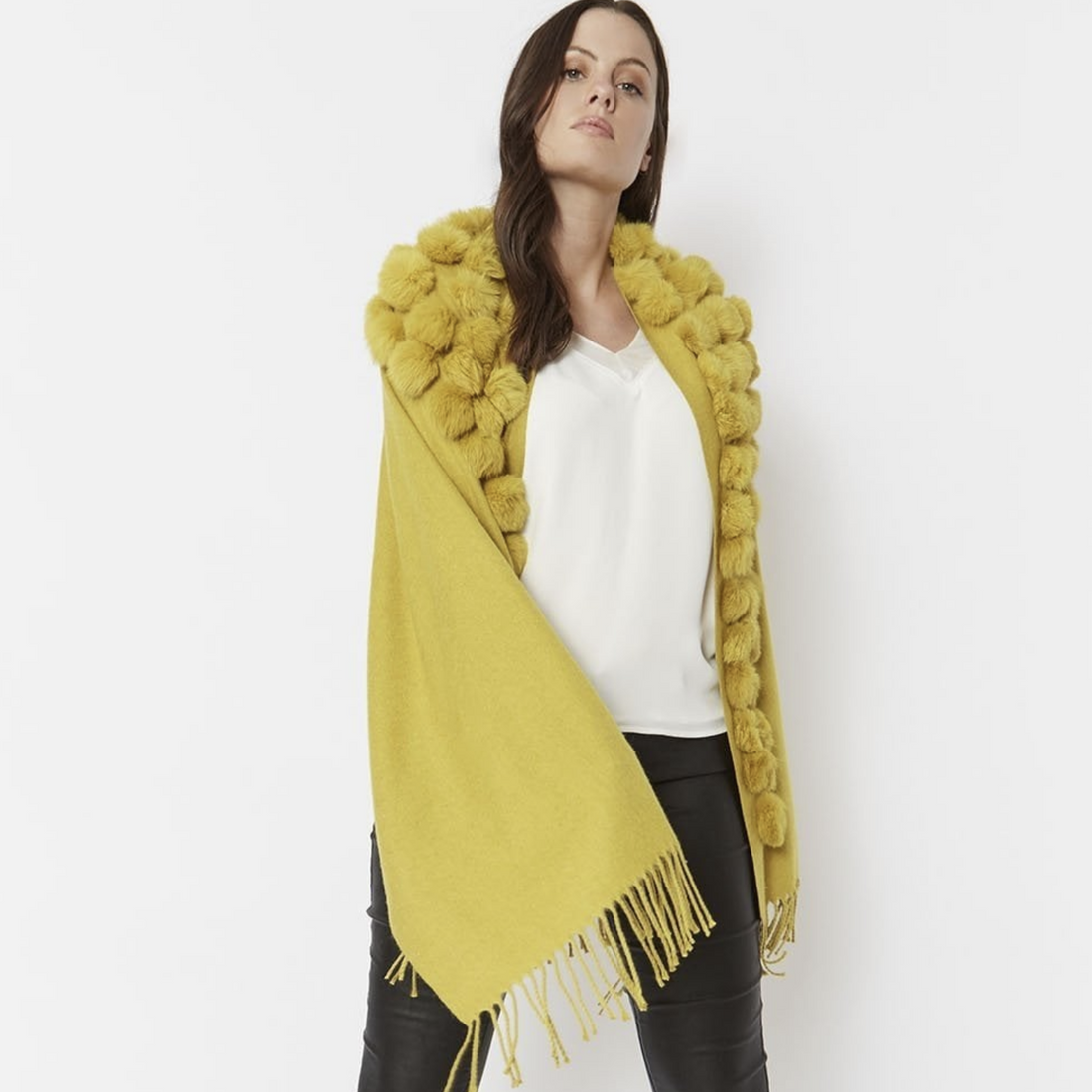 REVERSIBLE CASHMERE CONEY FUR POM POM WRAP WITH PEARLS | MUSTARD