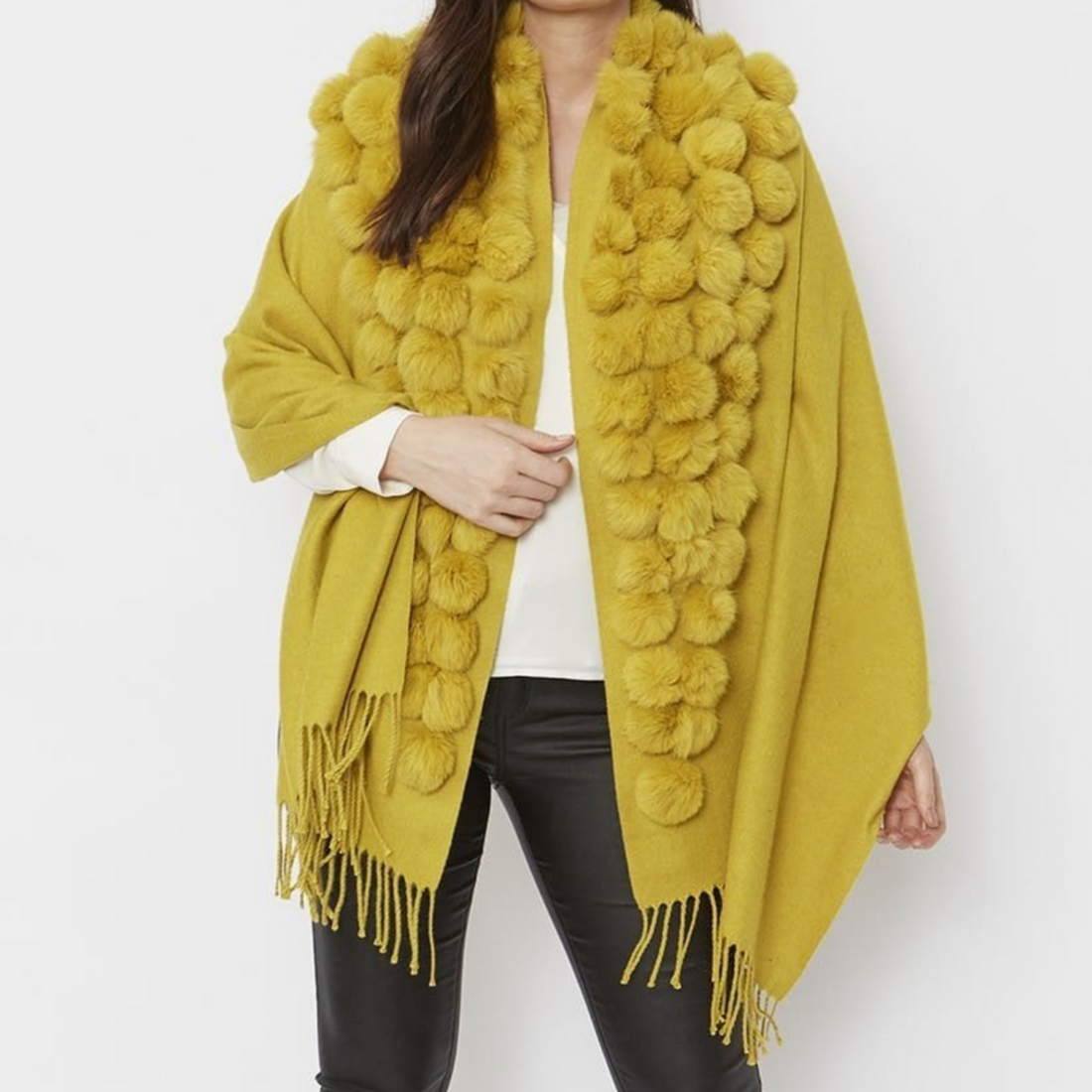 REVERSIBLE CASHMERE CONEY FUR POM POM WRAP WITH PEARLS | MUSTARD