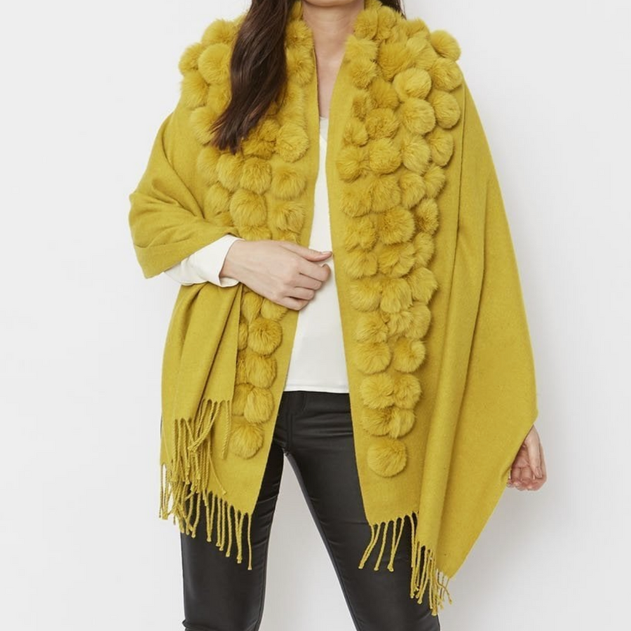 REVERSIBLE CASHMERE CONEY FUR POM POM WRAP WITH PEARLS | MUSTARD
