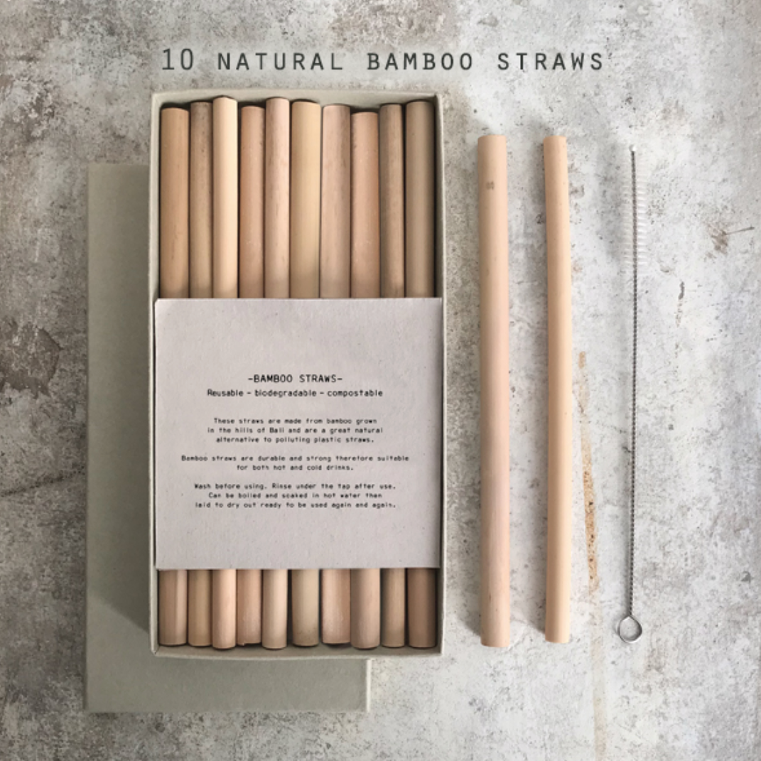10 REUSABLE BAMBOO STRAWS WITH CLEANING BRUSH