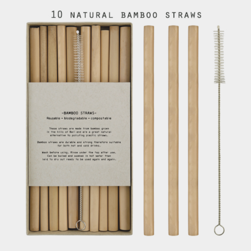 10 REUSABLE BAMBOO STRAWS WITH CLEANING BRUSH
