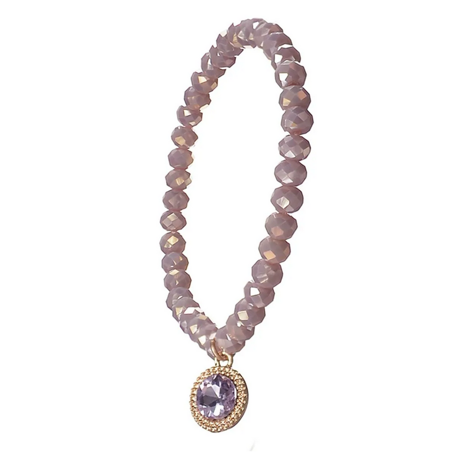 CLASSIC CRYSTAL CHARM ELASTICATED BRACELET IN GOLD, NUDE & LILAC